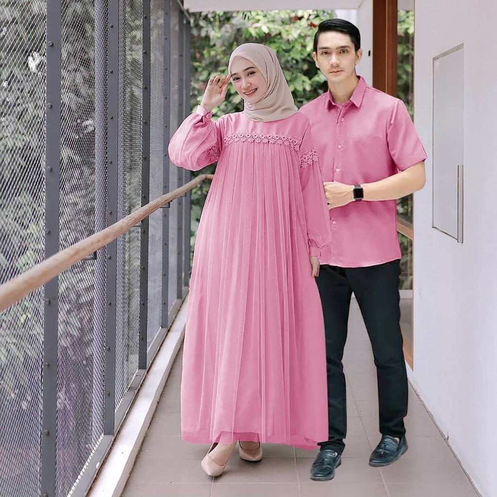 ATTA COUPLE bahan MOSSCRAPE MIX TILE TUTU COMBI RENDA Gamis Couple Model Terbaru Fashionable + Kemeja Pria ukuran one size Couple pasangan lebaran 2023 kekinian Couple pasangan dress dan kemeja Couple jumbo suami istri