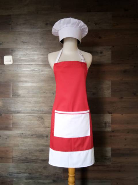 Celemek apron ombinasi biru putih merah putih &amp; topi koki