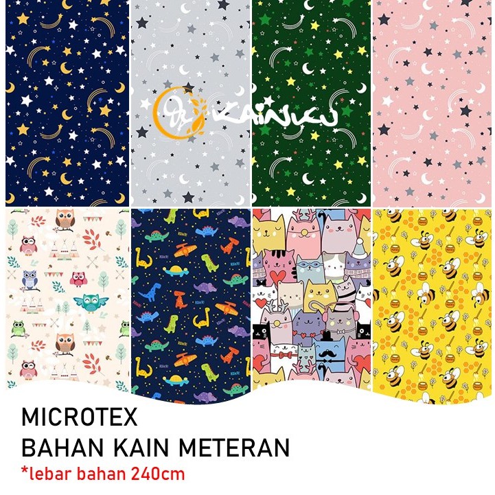 KAINKU - Kain Meteran Microtex &quot;KARAKTER ANAK DINO LEBAH KAKTUS FLAIMNGGO BINTANG&quot; (harga 1 meter)