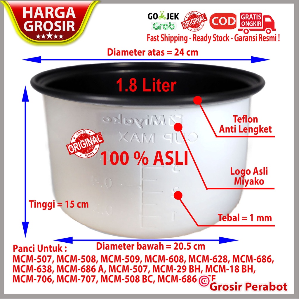 Panci Rice Cooker Magic Com Miyako 0.6 1.0 1.2 1.8 2.2 6 20 Liter Panci Magiccom Megicom Teflon Daleman Miyako 0.6 1.0 1.2 1.8 2.2 6 20 Liter Anti Lengket Original