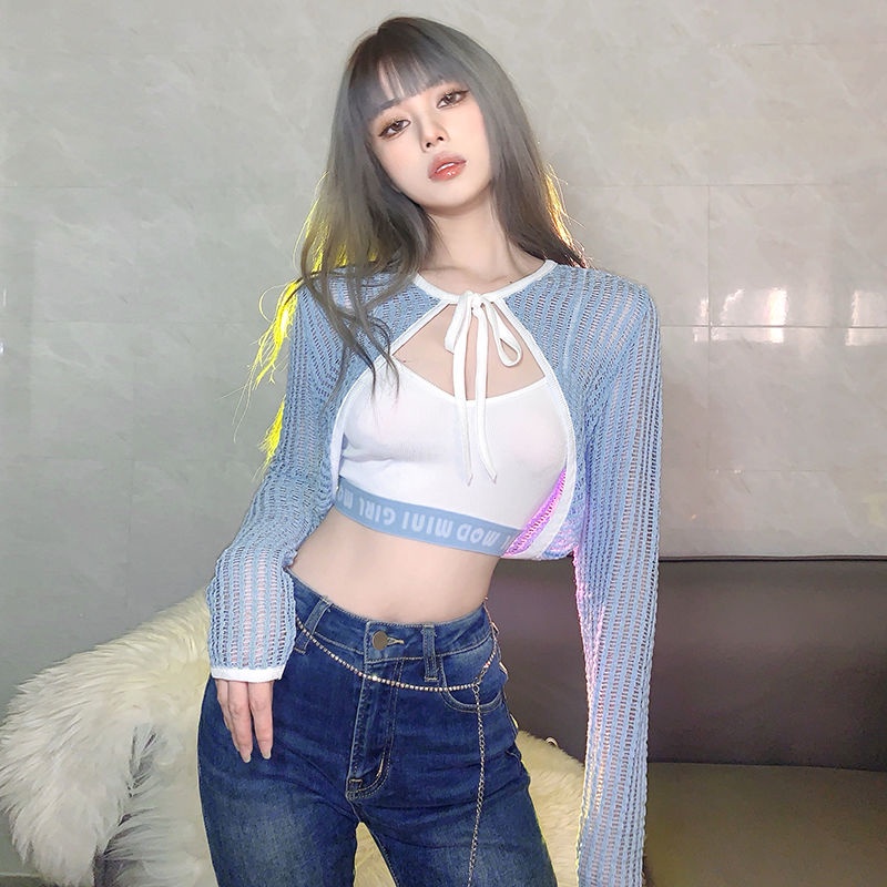 Prove kekinian atasan crop top Salt girl milk cool blue lace-up long-sleeved cardigan for women Warna solid alphabet webbing vest stacked two-piece baju import kaos wanita korean style