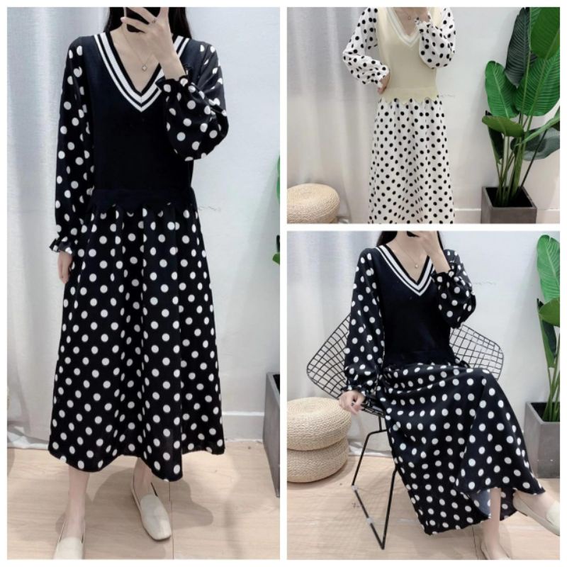 LONG TUNIK RAJUT REMAJA WANITA KOMBINASI POLKA IMPORT