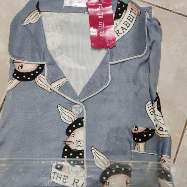 Baju Tidur Wanita / Cewek Piyama Import Bahan Kaos Tebal Aneka Motif All Size L Varian PP-Rabbit grey