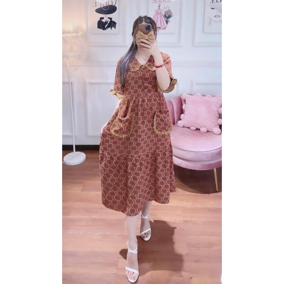 Dress Wanita Korea LaLisa Rayon Premium Baju Wanita Kerah Peterpan Lengan Pendek Kekinian LD 110 cm