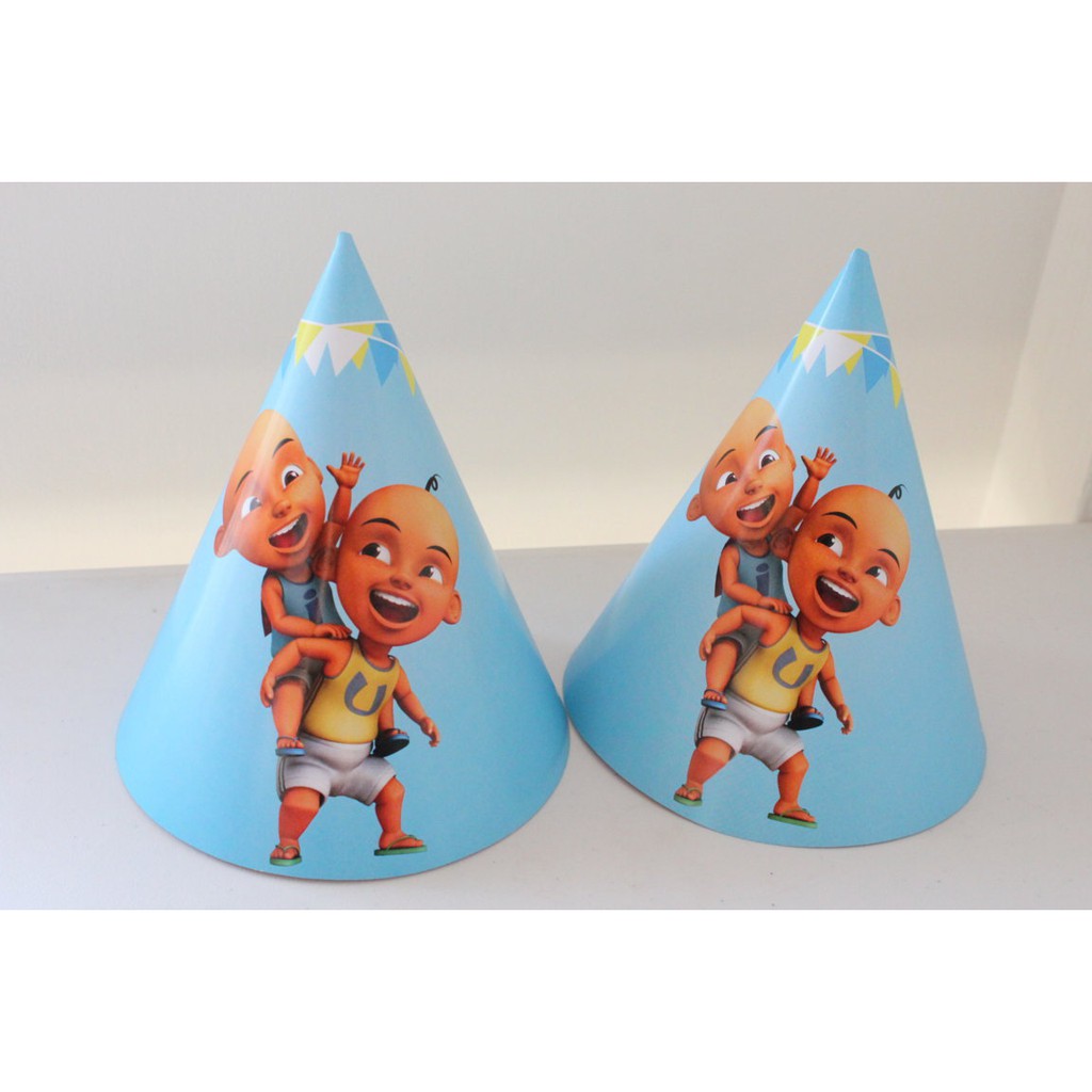 topi ulang tahun upin ipin / topi ultah upin ipin / topi kerucut upin ipin custom