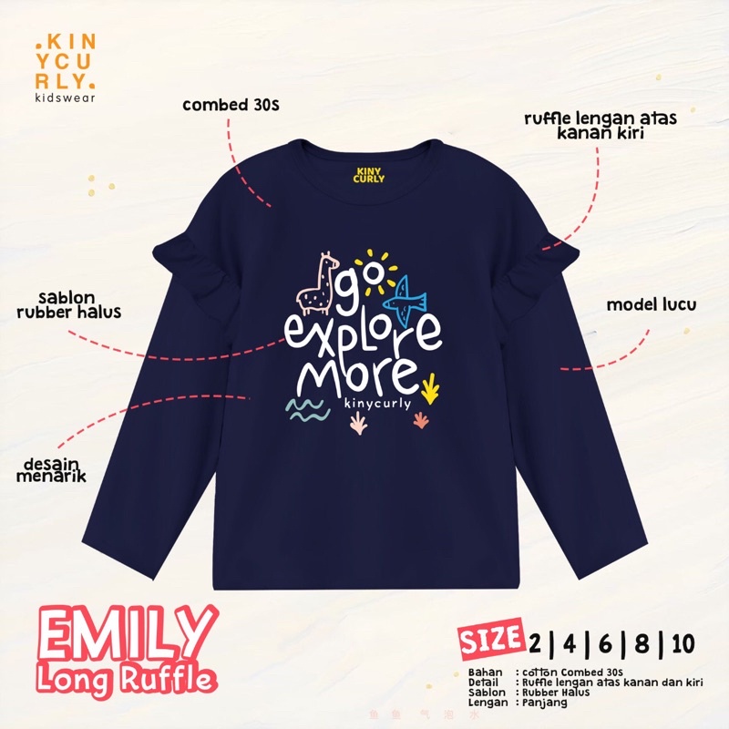 Baju Anak Emily Long Ruffle Kiny Curly Original Kaos Lengan Panjang Super Premium Atasan Anak Perempuan Termurah Terlaris Best Seller