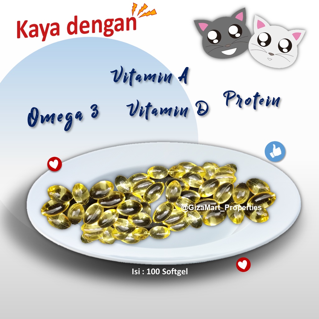 Minyak Ikan Vitamin Kucing Anjing Cod Fish Oil Pets Vitamin Bulu Gembul dan Lahap Makannya isi 100 Softgel