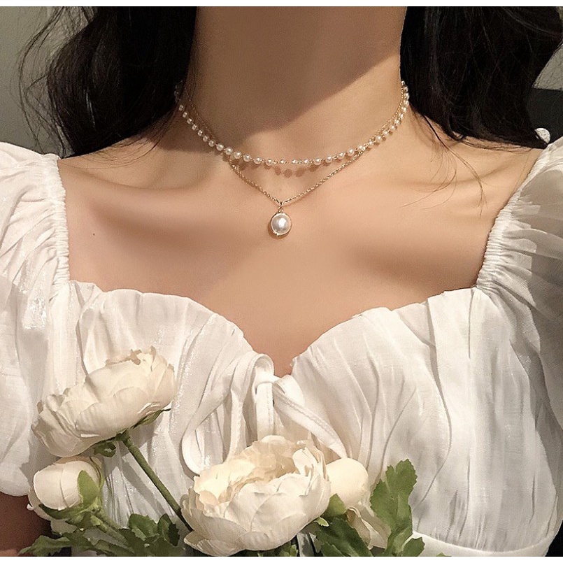 Internet yang terkenal dan vintage ins sederhana double-layer mutiara kalung fashion wanita kalung p