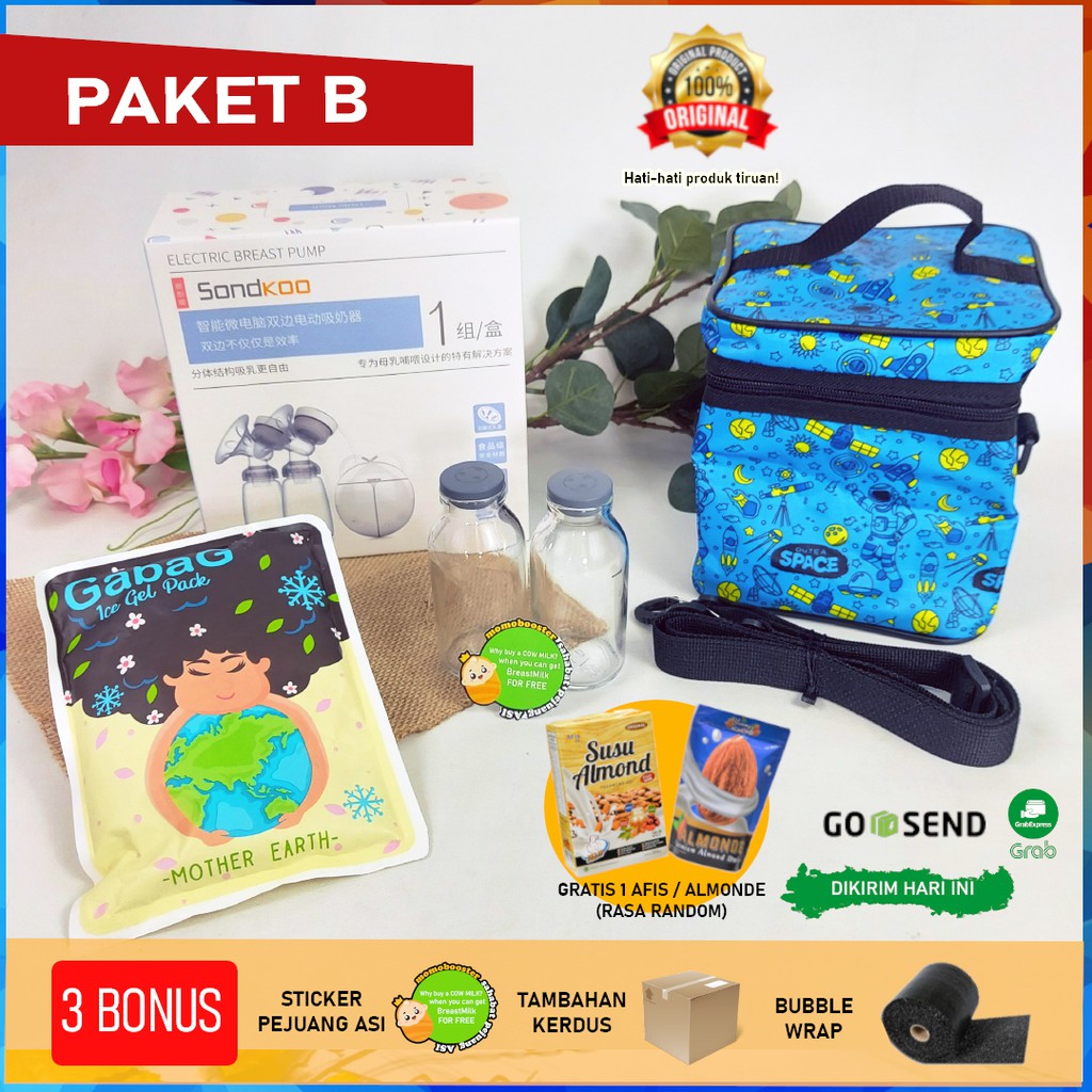 [TERLARIS] Paket B Pompa ASI Elektrik Double + Tas + Botol Kaca + Ice Gel GABAG