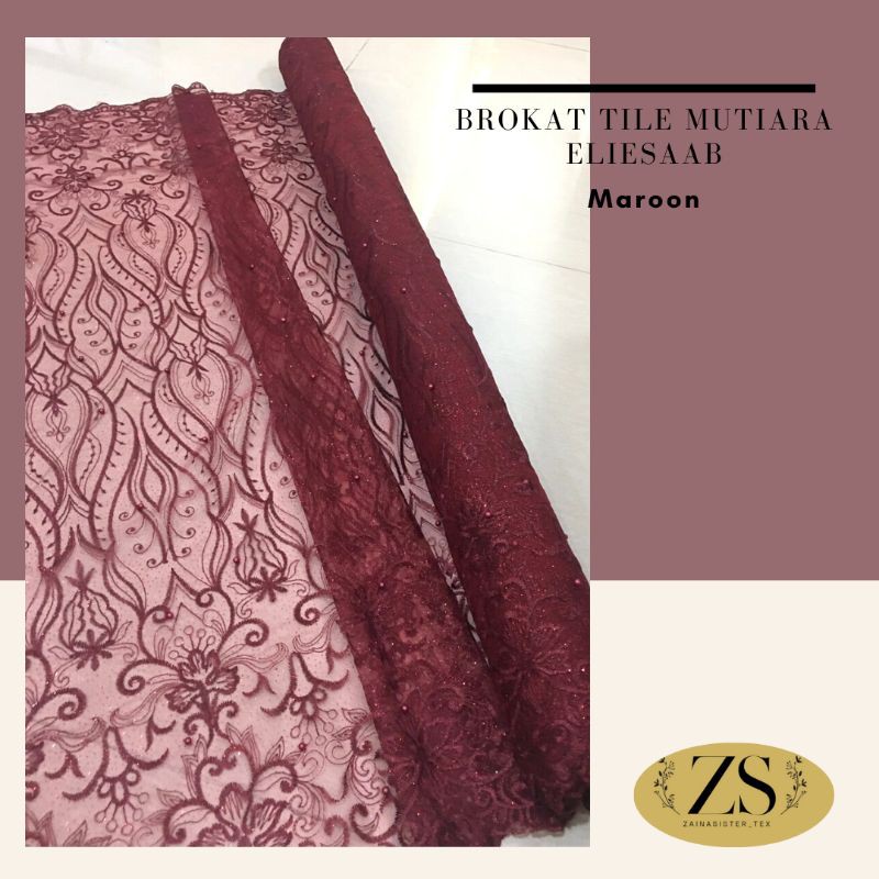 Kain Brokat Tile Mutiara Premium Elie Saab Warna Merah Marun Maroon