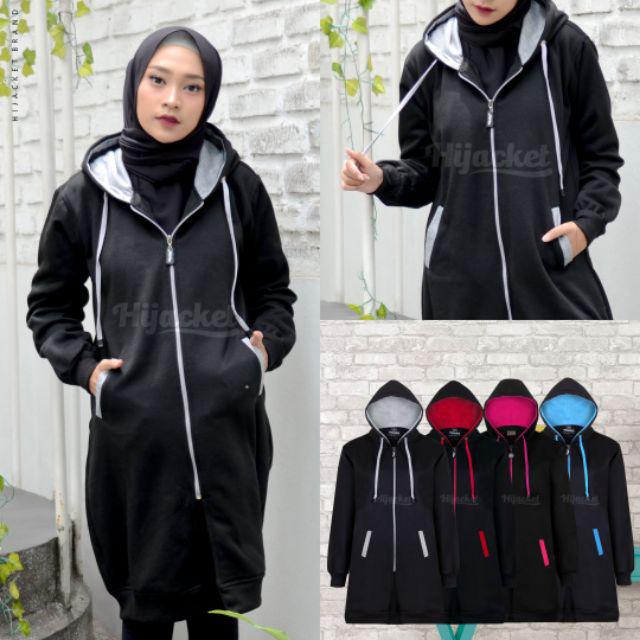 Jaket Tebal Wanita Hijab Hijacket Basic Sweater Hijaket Hoodie Original Model Polos Panjang-Black white
