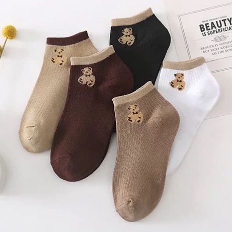 [littlecrab] Kaos Kaki Teddy Bear Pendek Coklat Hitam Putih Moka Cream Cute Bear Women Socks Kaos Kaki Beruang Lucu Berkualitas Kaos Kaki Soft Lembut High Quality Korean Style