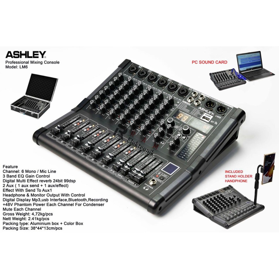 Mixer ASHLEY 6 Channel LM6 Original USB Bluetooth Record MP3 BARU