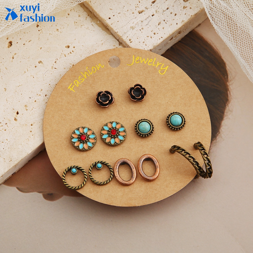 6pcs / set Anting Tusuk Retro Bentuk Hati / Bunga Hias Turquoise Untuk Wanita