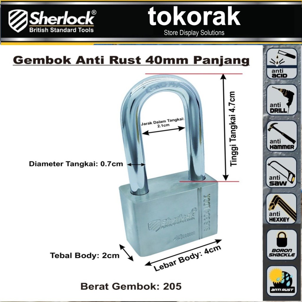 GEMBOK STAINLESS STEEL ANTI RUST 40MM PJG SHERLOCK - GEMBOK ANTI KARAT