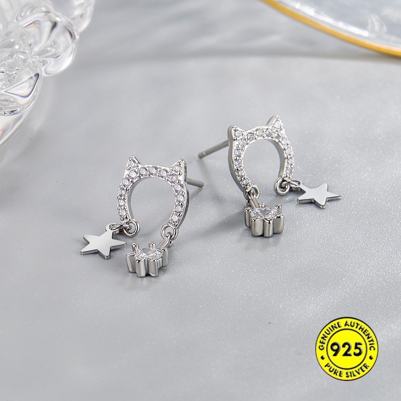 Anting Tusuk Silver Desain Kucing Aksen Rumbai Untuk Wanita