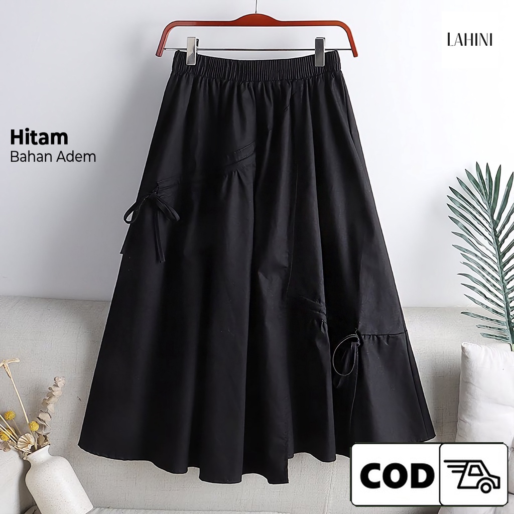 Rok Hitam Panjang Serut Samping Long Skirt Vintage Korean Style Kekinian Remaja Dewasa Pinggang Kare