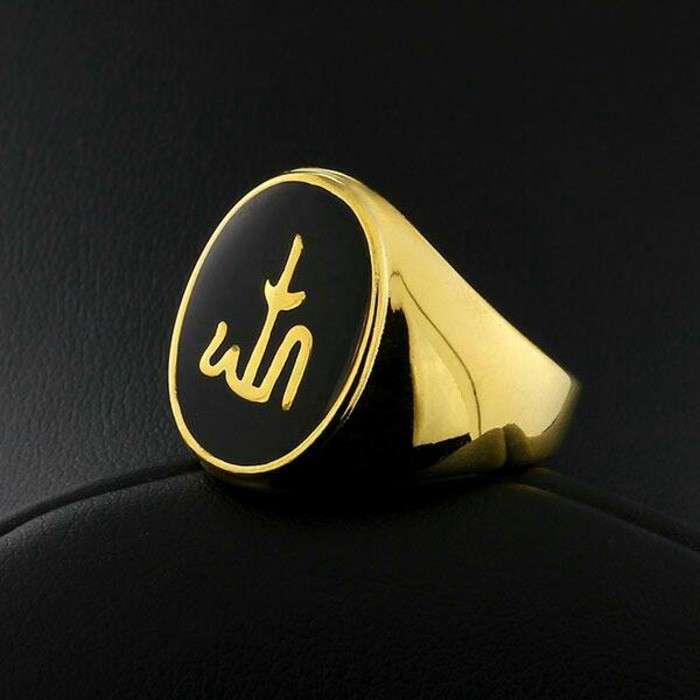 Cincin Pria Stainless Steel 316L Lapis Emas Muslim Signet Islamic Diskon