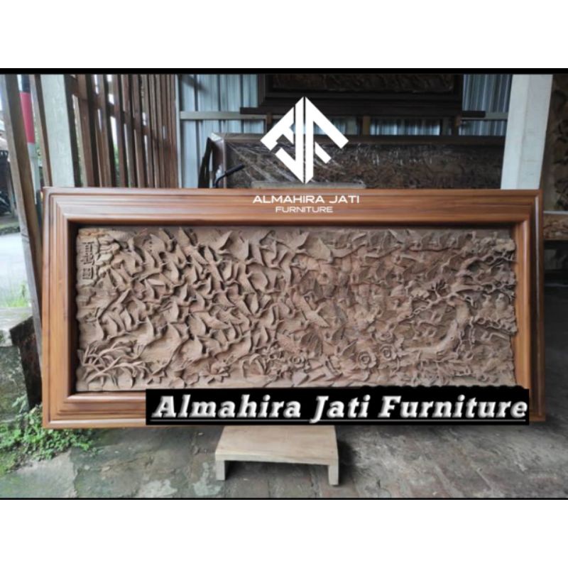 Hiasan Dinding Karya Seni Ukir Relief 3D Motif Seribu Burung / Ukiran Relief 3D Kayu Jati