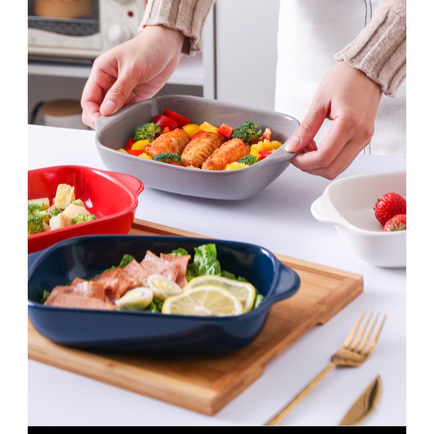 27 | Piring Keramik Kuping Impor Glosy Polos Oven Bakeware Salad Plate Pasta Wadah Saji Segi Panjang