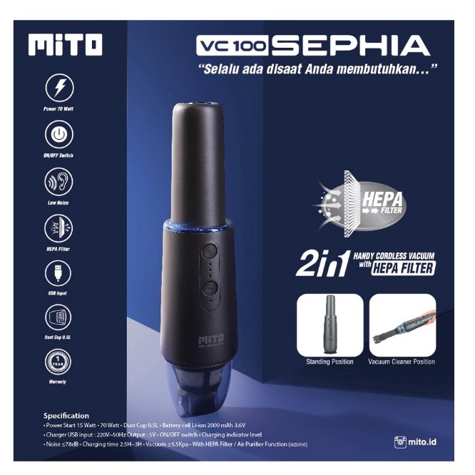 MITO Vacuum Cleaner WIRELESS - Penyedot Debu CORDLESS Portable VC100 Dengan Hepa Filter SEPHIA