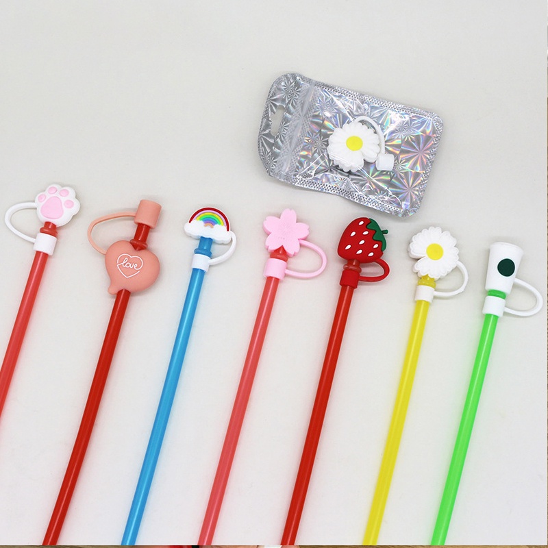 Tutup Sedotan Universal Anti Debu Reusable Bentuk Bunga Daisy/Strawberry/Telapak Hewan Bahan Silikon