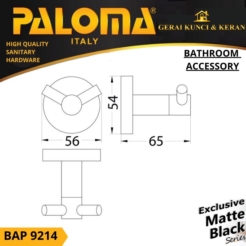 PALOMA BAP 9214 Kapstok Gantungan Baju Handuk Rak Hanger Mandi 2 Kait Hitam Black