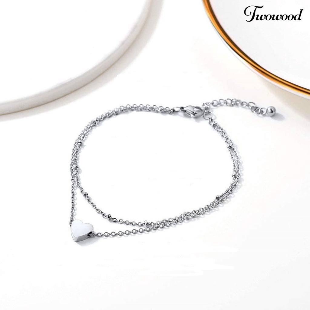 Gelang Kaki Rantai Double Layer Adjustable Portable Bentuk Hati Untuk Wanita