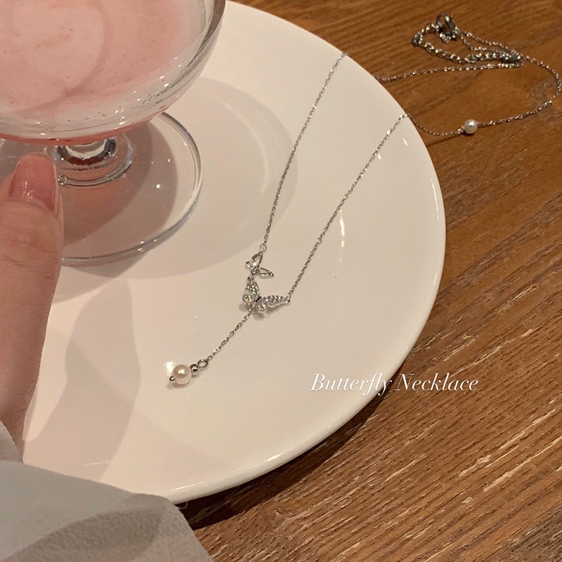 Kalung Titanium Wanita Korea Kupu-Kupu Lucu Rumbai Aksesoris Hiasan Perempuan KLG55