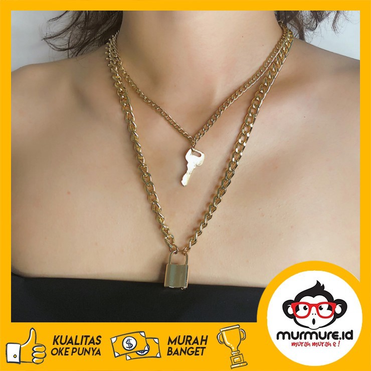 MURMURE.ID | KALUNG KUNCI GEMBOK RANTAI LIONTIN KALUNG MULTI LAYER GEMBOK KUNCI RETRO STYLE