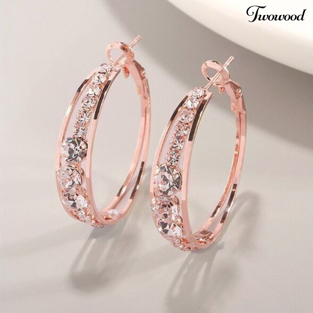 1 Pasang Anting Hoop Berlian Imitasi Bentuk Lingkaran Warna Rose Gold Untuk Wanita