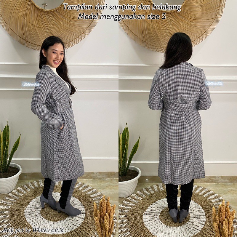 Trench Coat Olivia jaket wanita houndstooth import long coat mantel panjang