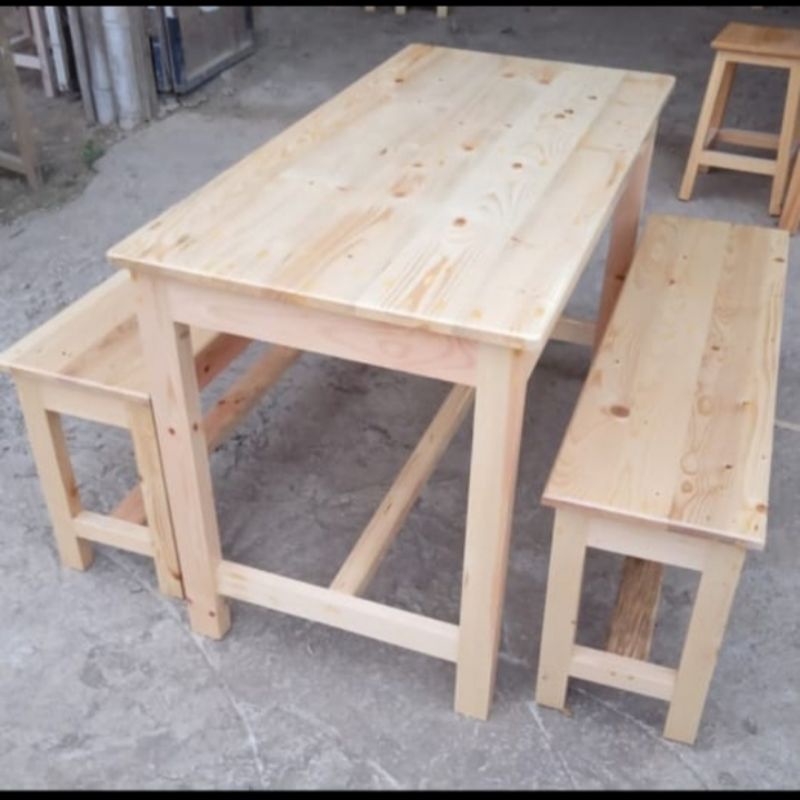 meja makan set 1 meja 2 kursi panjang bahan kayu jati belanda