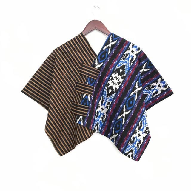 Blus Croptop Cropping Lurik Kombinasi Motif Tenun Baju Batik Kantoran Wanita Casual Formal Katun Warna-#1 (Biru)