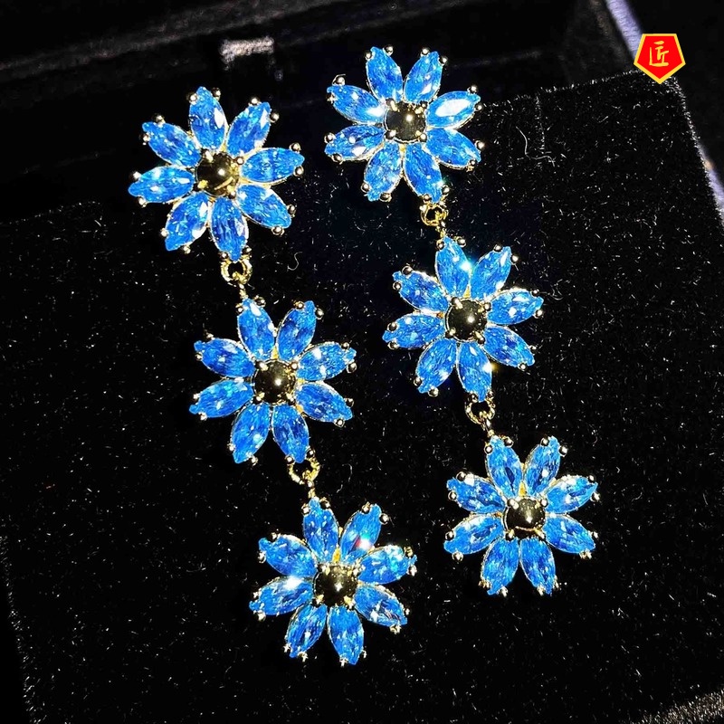 [Ready Stock]Long Sweet Sapphire Flower Earrings