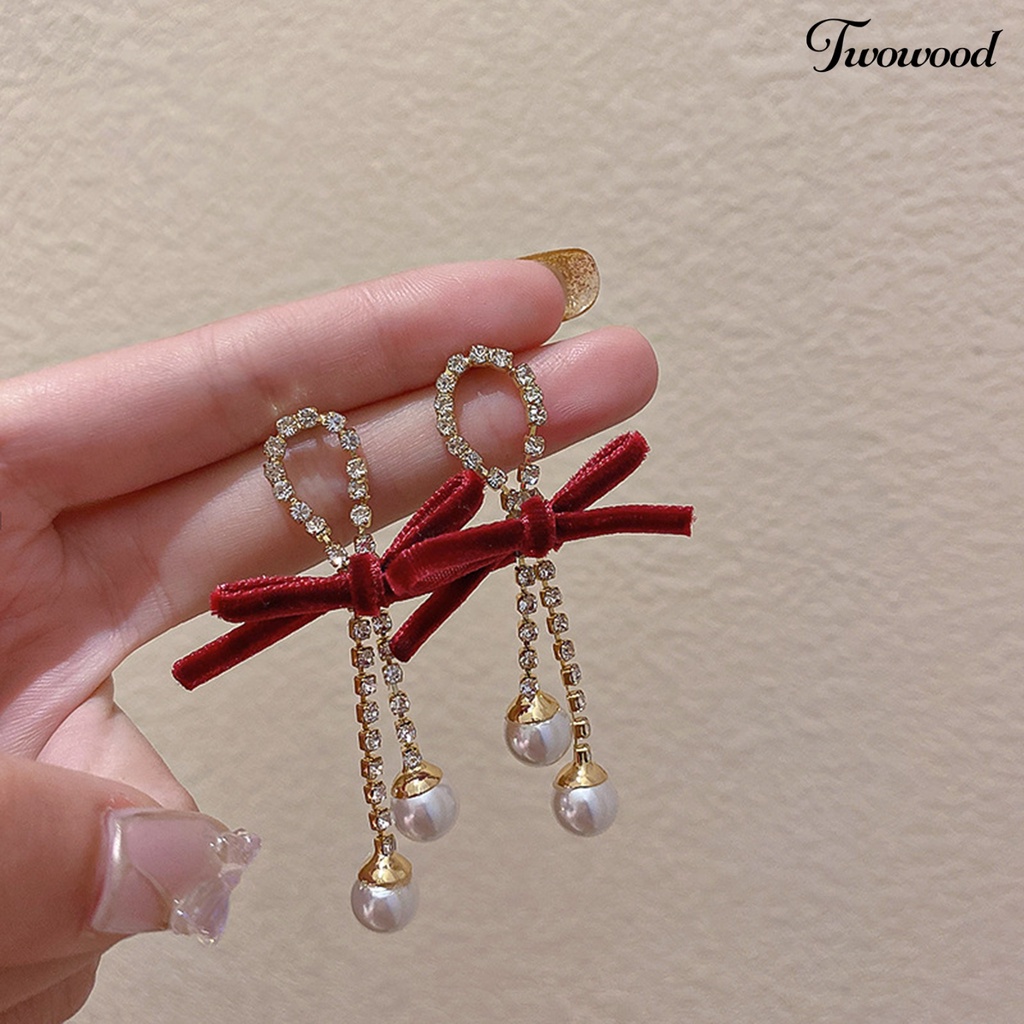 Twowood 1 Pair Dangle Earrings Bow Faux Pearls Women Shiny Rhinestones Tassels Stud Earrings for Dating
