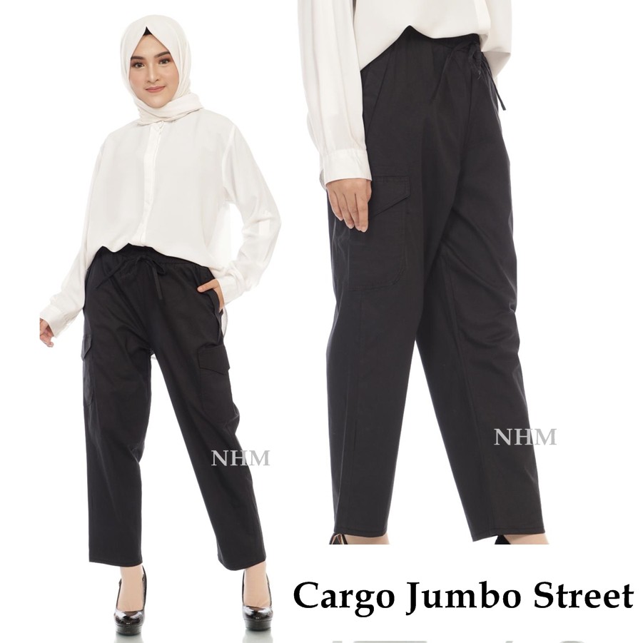 NHM Cargo Jumbo Wanita Stretch, Celana Panjang Wanita Jumbo Kantong