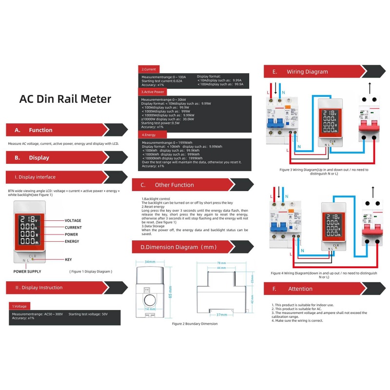 Btsg Din Rail Meteran Multifungsi AC50~300V Pressure Gauge Digital Untuk Bermain Tahan Lama