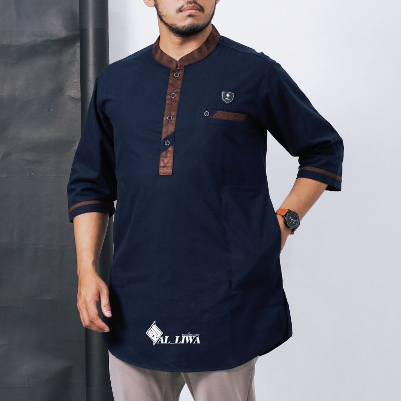 koko kurta pria lengan 3/4 berkualitas aldarta original Al_liwa warna navy ukuran M L XL