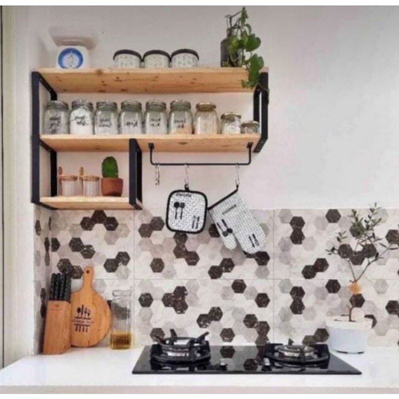 RAK DINDING MULTIFUNGSI 3 AMBALAN KAYU SERBAGUNA KITCHEN SET MINIMALIS