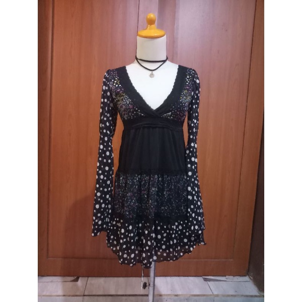 Dress Hitam Motif Bunga Polkadot Size S
