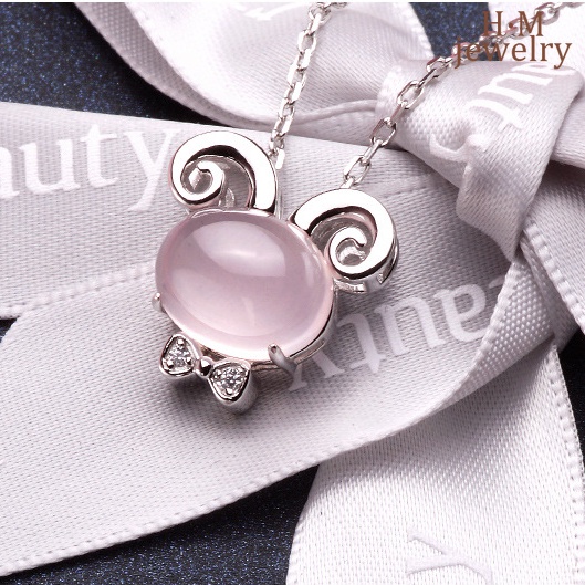 Kalung Rantai Silver S925 Liontin Batu Kuarsa Pink Motif Shio Cina Untuk Wanita