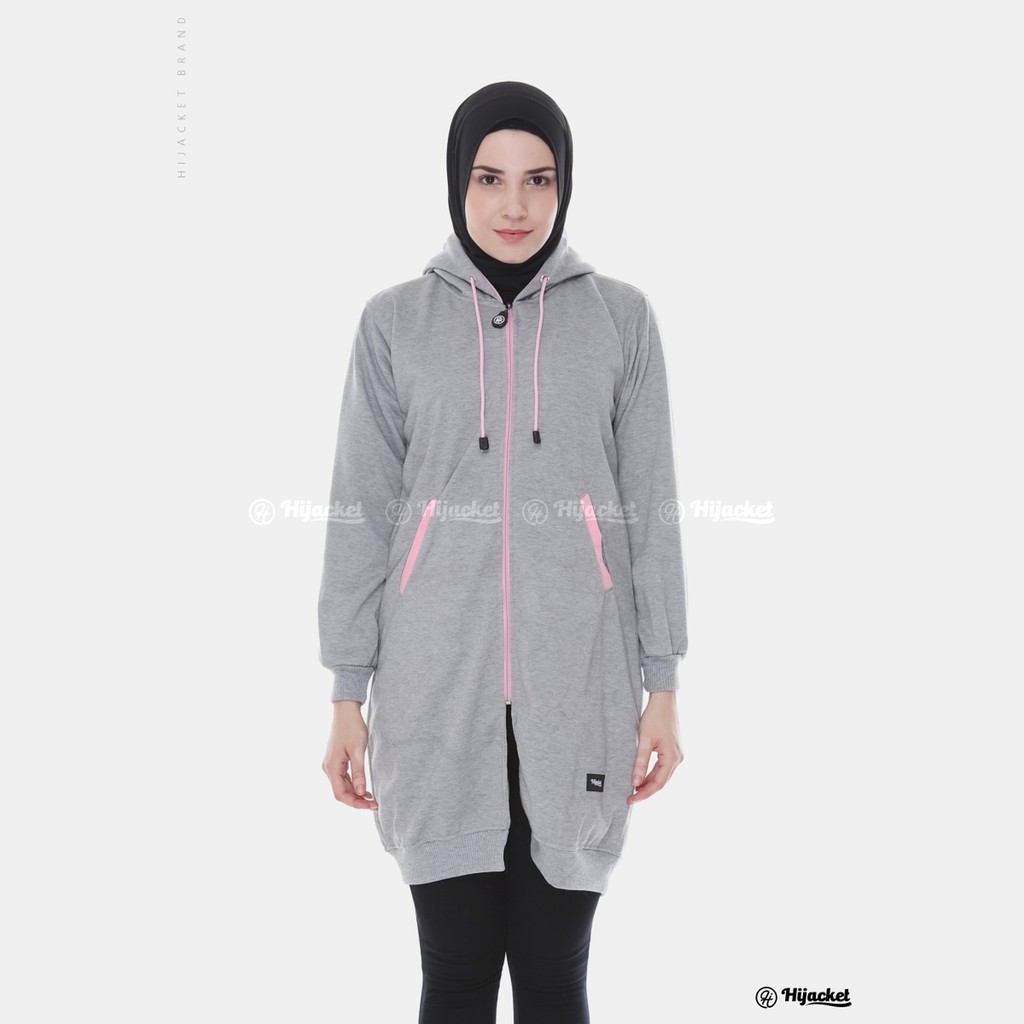Jaket Sweater Wanita Muslimah Hijaber - Hijacket Basic Grey - Switer Hoodie Outwear Panjang Hijabers-HJ-12 Grey X Pink