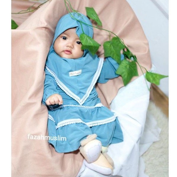 Gamis Bayi Set Hijab, gamis pompom bayi, baju muslim aqiqoh bayi, gamis renda bayi