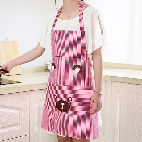 Celemek Masak Anti Air Motif Garis &amp; Beruang Dengan Kantong Untuk Koki Apron Salur Bear