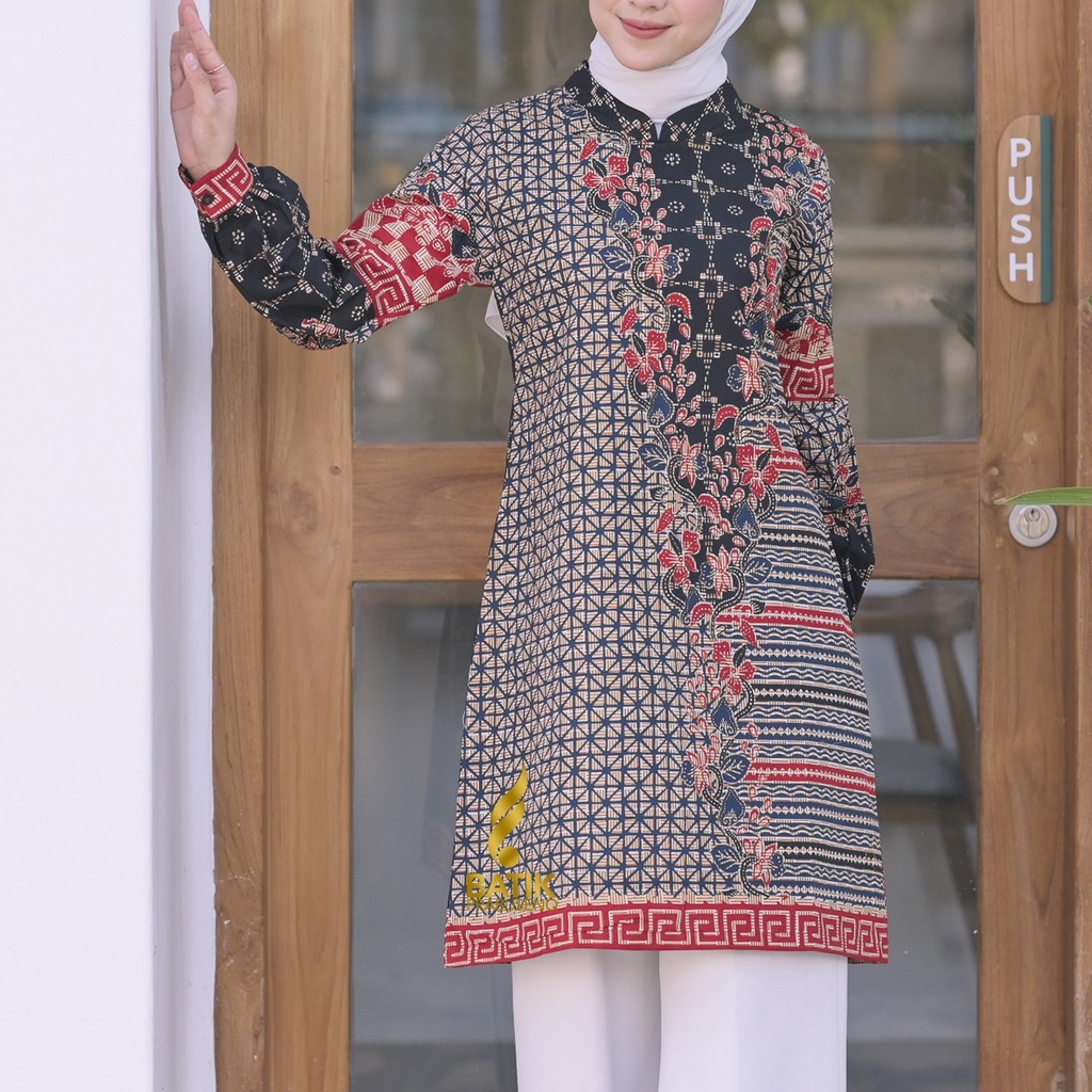 Batik Prabuseno Motif ANJAR HITAM   Tunik Wanita Lengan Panjang