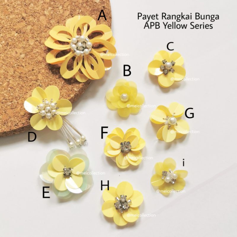 (satuan) payet rangkai bunga 3D kompilasi kuning yellow kebaya mutiara rangkai leher pinggang payet 
