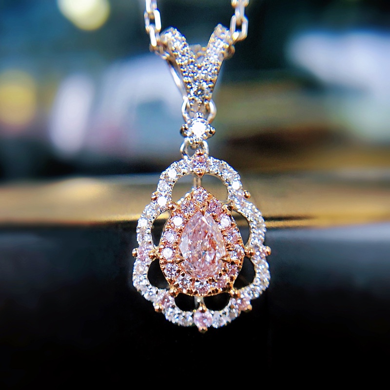 Kalung Dengan Liontin Bentuk Water Drop Pear Aksen Berlian Warna Pink