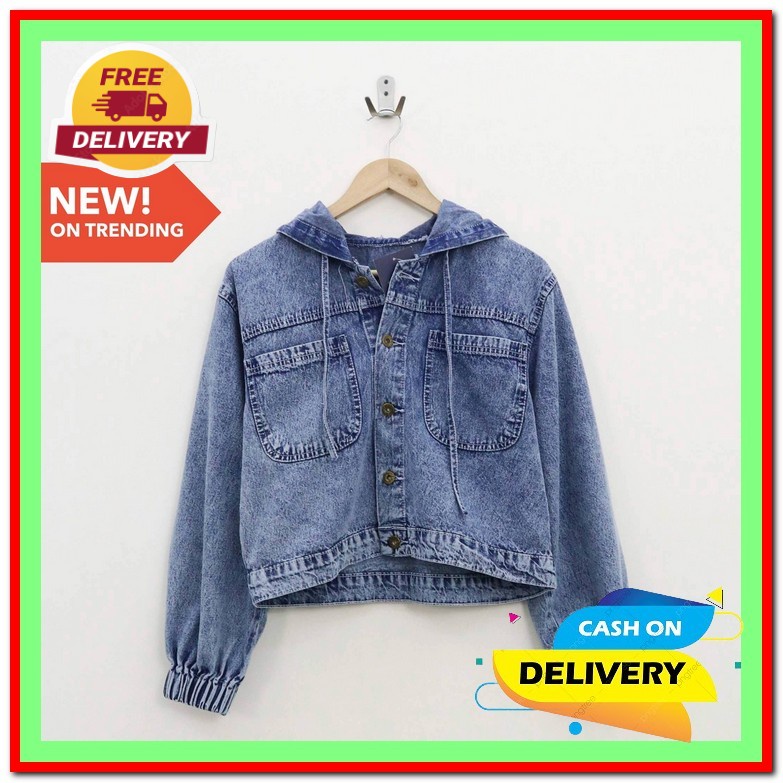 Lova Jacket Jeans Hoodie Wanita Oversize Jaket Jins Hodie Kekinian Jeket Denim Jumbo Cewek Remaja (O
