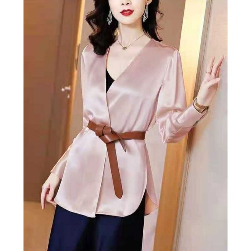 MDLV ~ 7102 Nectaria Satin Cardigan Free Belt Women Satin Cardigan Import Cardigan Satin Lengan Panjang Wanita Fashion import